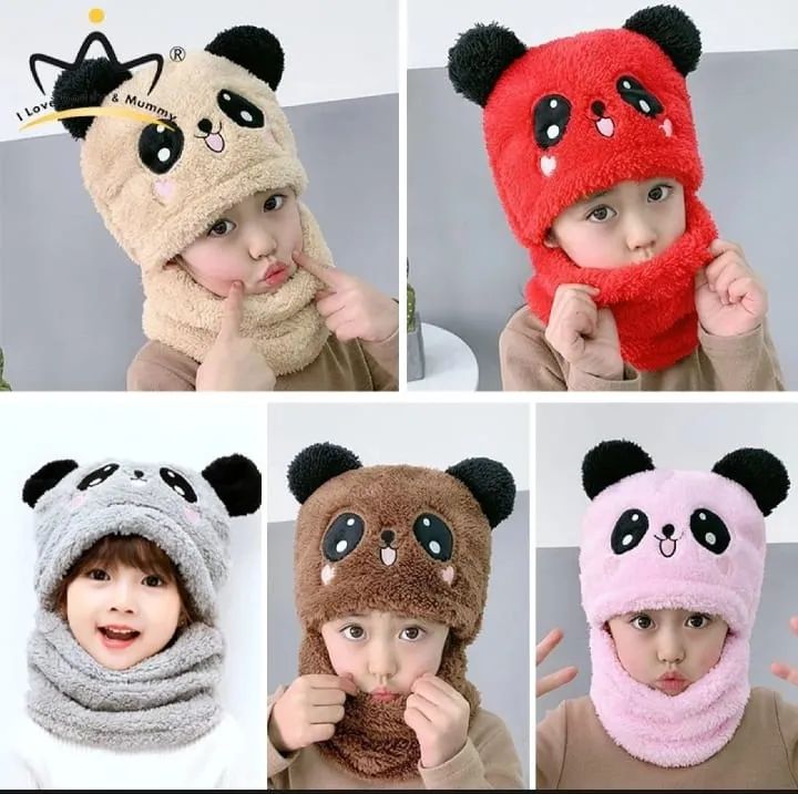 Girls Boys Hat scarf One Piece Cute Ear and neck Protection Winter Warm Fleece Hats Windproof