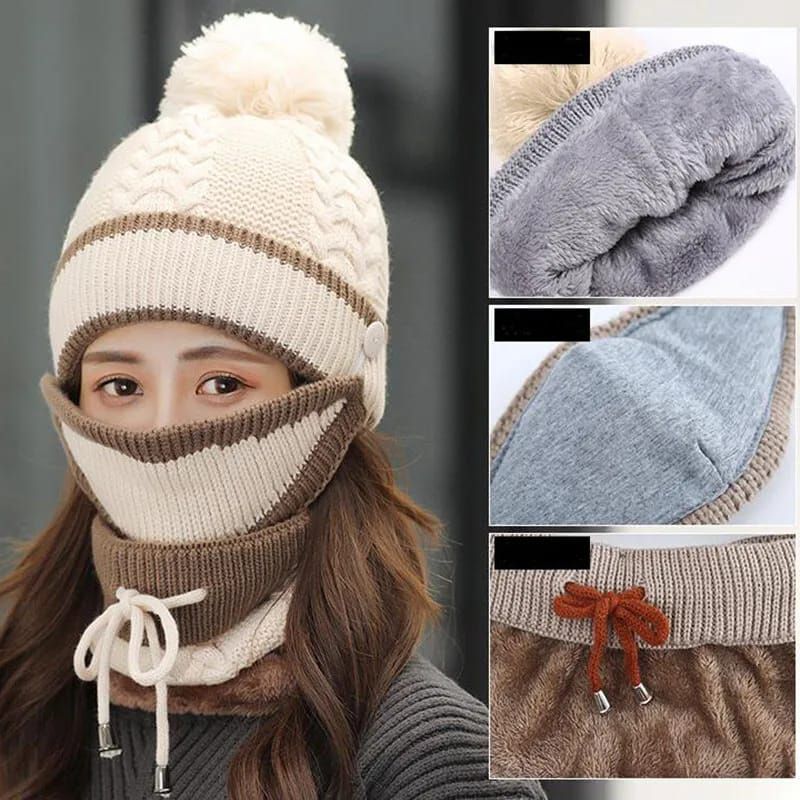 3peace Hat With Neck Warmer And Mouth Mask Thick Warm Winter Cap Scarf Face Cover Set