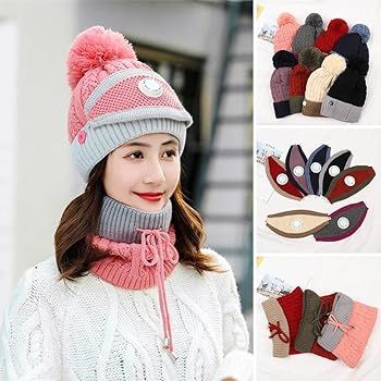 3peace Hat With Neck Warmer And Mouth Mask Thick Warm Winter Cap Scarf Face Cover Set