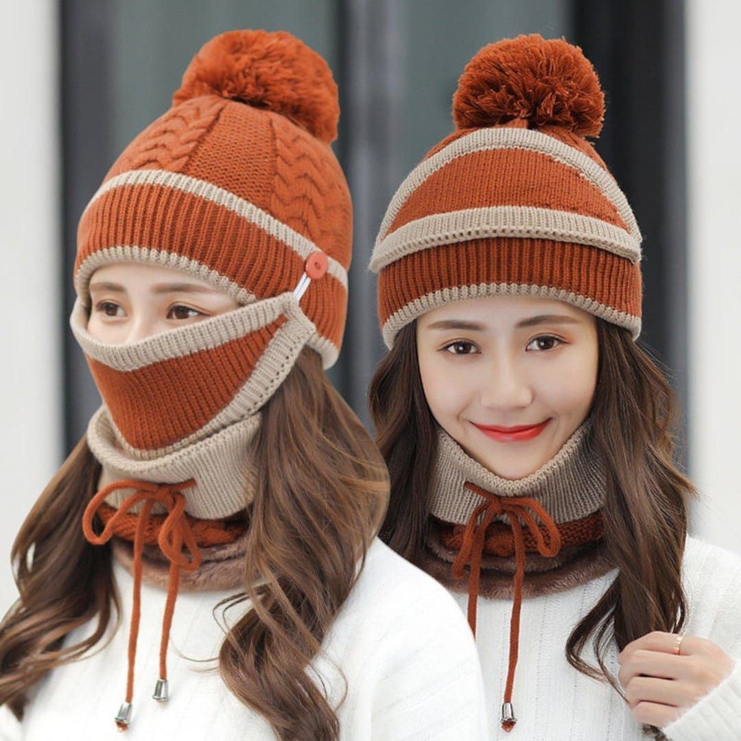 3peace Hat With Neck Warmer And Mouth Mask Thick Warm Winter Cap Scarf Face Cover Set
