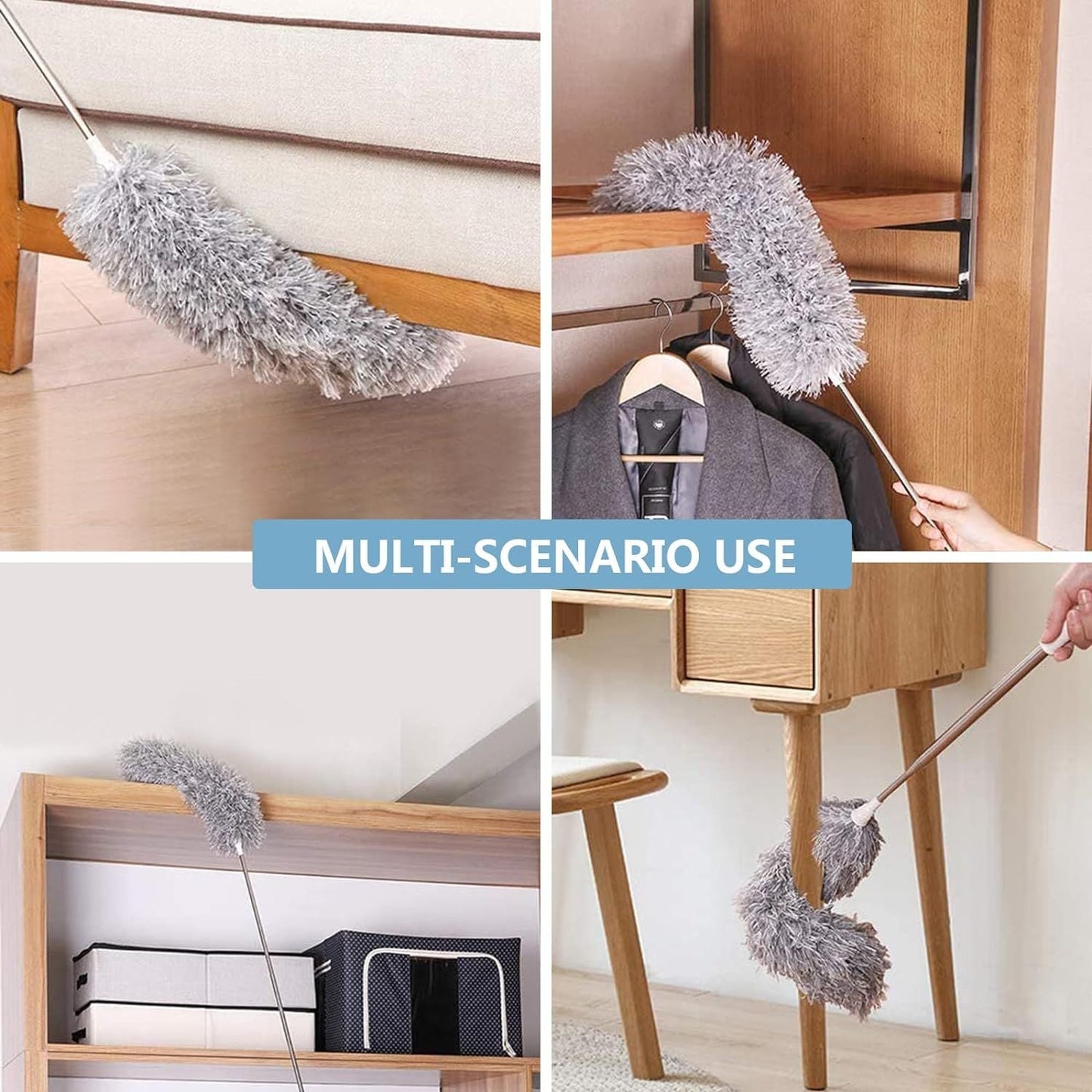 Microfiber Duster with Extension Pole Stainless Steel 30 to 100 with Bendable Head Extendable Long Gray Duster for Cleaning Ceiling Fan, Keyboard, Furniture, Cars