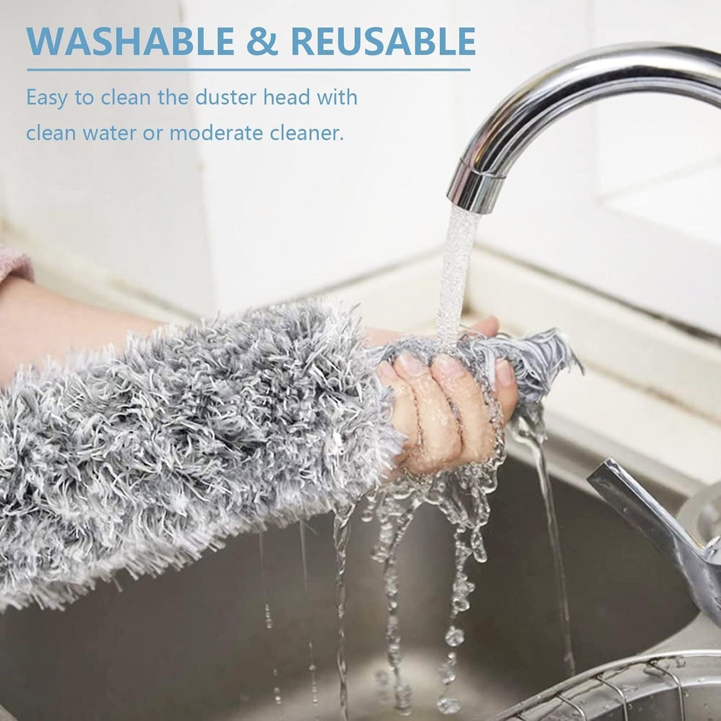 Microfiber Duster with Extension Pole Stainless Steel 30 to 100 with Bendable Head Extendable Long Gray Duster for Cleaning Ceiling Fan, Keyboard, Furniture, Cars