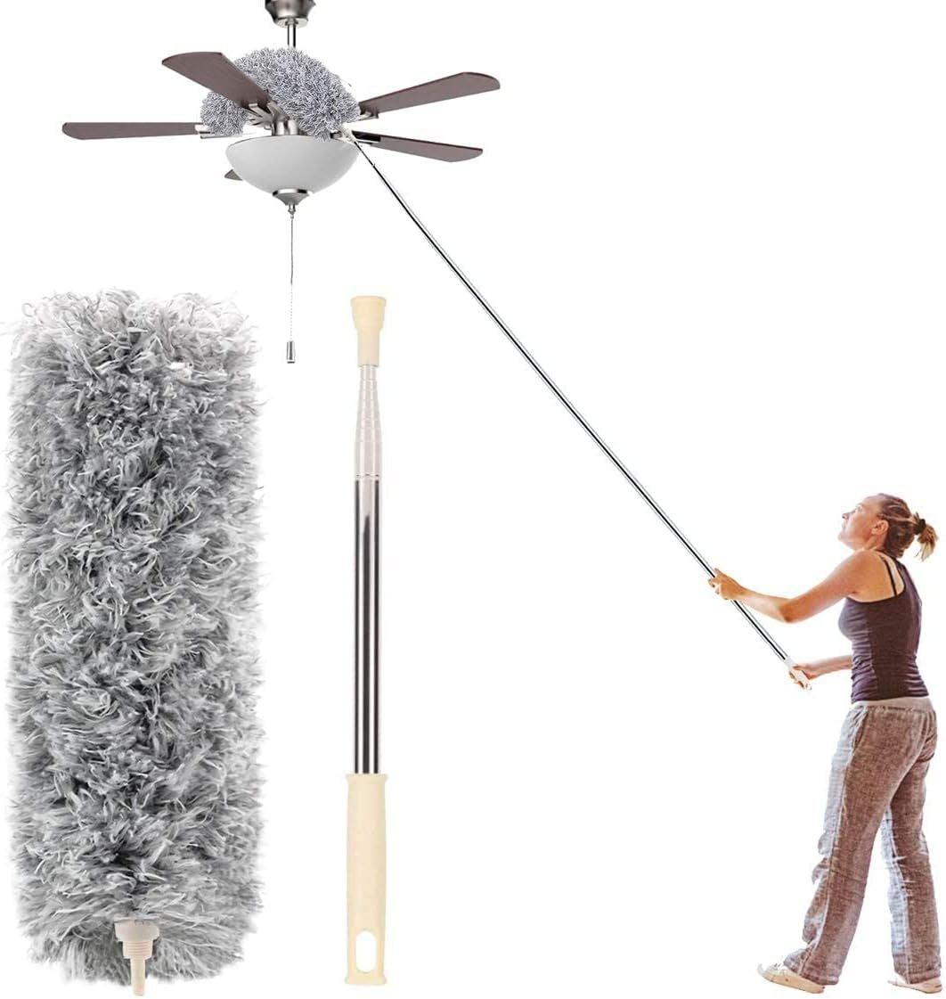 Microfiber Duster with Extension Pole Stainless Steel 30 to 100 with Bendable Head Extendable Long Gray Duster for Cleaning Ceiling Fan, Keyboard, Furniture, Cars