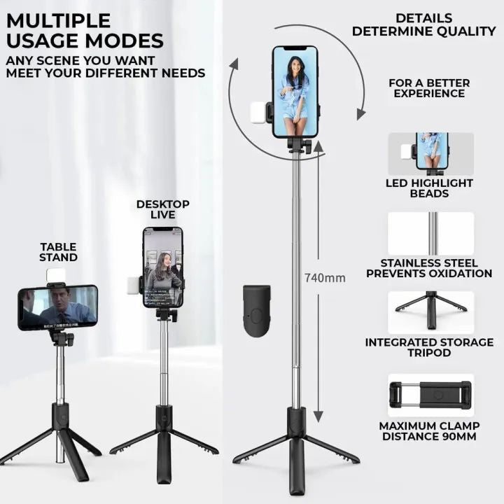 R1s Bluetooth Selfie Sticks with Remote and Selfie Light 3-in-1 Multifunctional Self Tripod & Mobile Stand Compatible with All Phones 360° Rotation with LED Fill Light