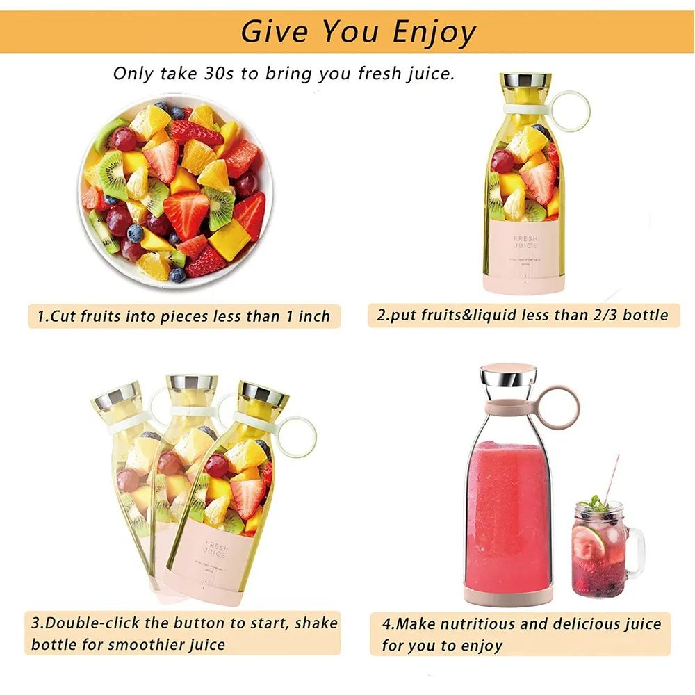 Portable Electric Blender Bottle Juicer for Shakes and Smoothies, Mini Juicer Bottle for Traveling (Multicolour) USB Chargeable Juicer Blender6 Blades 380ml-