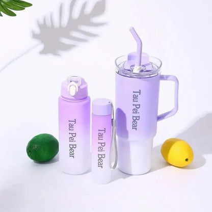 3Pcs Tumbler and Bottles, Pack Of 3 Water Bottles - Gradient Color Car Cup with Strap | Portable Plastic Drinking Cup Set with Straws for Travel Large Capacity Sports Water Bottle