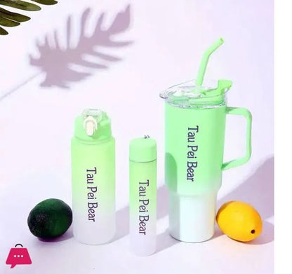3Pcs Tumbler and Bottles, Pack Of 3 Water Bottles - Gradient Color Car Cup with Strap | Portable Plastic Drinking Cup Set with Straws for Travel Large Capacity Sports Water Bottle