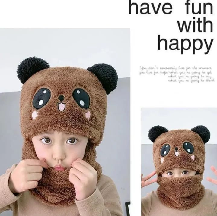 Girls Boys Hat scarf One Piece Cute Ear and neck Protection Winter Warm Fleece Hats Windproof