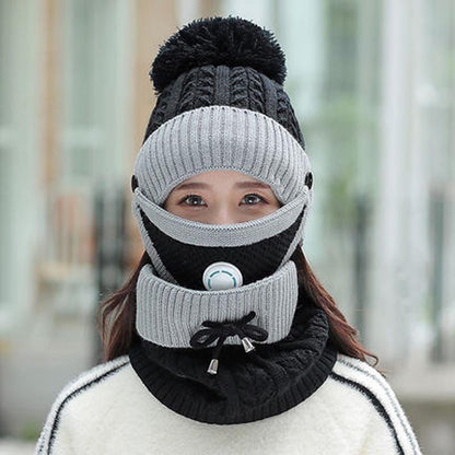 3peace Hat With Neck Warmer And Mouth Mask Thick Warm Winter Cap Scarf Face Cover Set